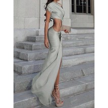 Pale Silver Gown Size S(4)– Elegant Cut-Out Maxi Dress with Draped Crop Top - $40.00