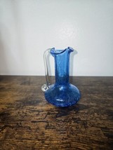 Kanawha Crackle Glass Cobalt &amp; Clear Pitcher Vase 4-1/2” Tall Circa 1960s - $24.75