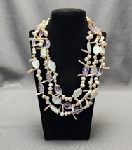 Purple Quartz Baroque Pearls &amp; Mother of Pearl Chip 3-Strand Beaded Necklace 18&quot; - £27.69 GBP