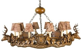 Chandelier Lodge 5 Small Stag Head Deer 10-Light Feather Pattern Shades Cast - £3,612.28 GBP