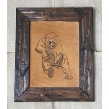 Vintage Angry Grizzly Bear Drawing On Leather Wood Frame Rustic Primitive AS IS - £70.47 GBP