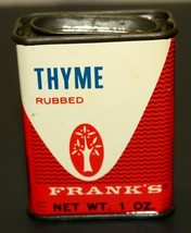 Vintage Frank&#39;s Rubbed Thyme 1oz Spice Tin Decorative Red &amp; White Full U... - $15.84