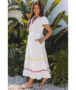 White Colorblock Rickrack Trim Short Sleeve Drawstring Waist Long Dress - $45.57