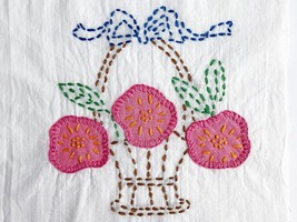 Vintage Embroidered and Appliqued Quilt Block - Flower Basket - £4.90 GBP