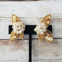 Vintage Clip On Earrings Gold Tone Sequins/Beads &amp; Faux Pearl Statement - $13.99