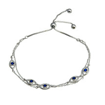 925 Sterling Silver Multi Chain Evil Eye Blue CZ Lariat Adjustable Bracelet - £41.05 GBP