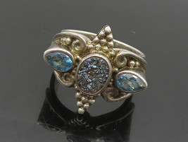 SAJEN 925 Silver - Vintage Druzy Stone &amp; Blue Topaz Band Ring Sz 7 - RG18575 - £68.25 GBP