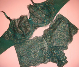 Victoria&#39;s Secret Unlined 34D,36C Bra Set L Panty Emerald Green Gold Lace Sexy - £55.85 GBP