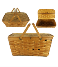 Vintage 50s Two Handle Hinged Wicker Picnic Basket Rockabilly Pinup Retro Woven - £63.65 GBP