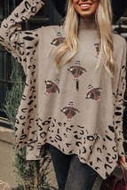 Khaki Sequin Turkey Leopard Mixed Pattern High Neck Sweater - $40.45