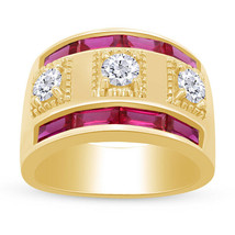 2 CT Moissanite Three-Stone Men&#39;s Band Ring 14k Yellow Gold Plated Silver - £157.32 GBP