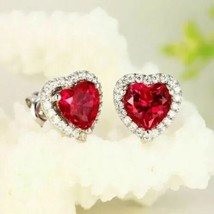 3Ct Lab-Created Heart Cut Ruby Halo Stud Earrings in 14K White Gold over 925 - £64.73 GBP