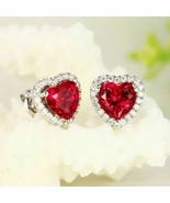 3Ct Lab-Created Heart Cut Ruby Halo Stud Earrings in 14K White Gold over... - £64.54 GBP