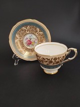 Vintage Paragon Double Warrant Tea Cup Saucer Teal Gold Cabbage Rose Mixed Set - £25.66 GBP