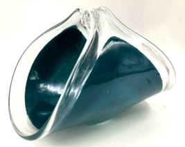 Murano Italy Art Glass Bowl Sculptured Freeform Rolled Edge Teal Blue 10&quot; EUC - £75.17 GBP