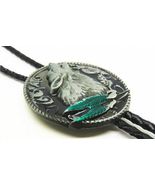 Necklace Silver Bolo Tie Cowboy Howling Wolf Metal Rope String Necklace ... - £14.21 GBP