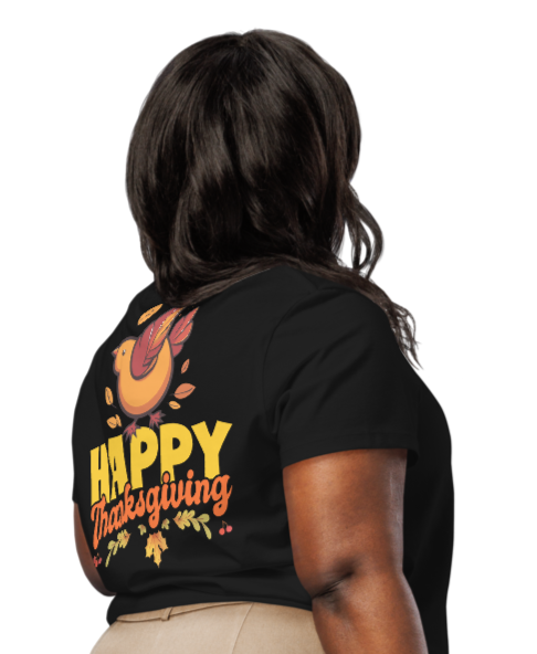Women’s Organic Ribbed Neck T-Shirt – “Thanksgiving” Back Print (Black) - $54.99