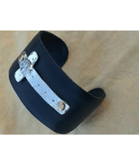 Hammered Cross Cuff Bracelet Black Leather Worn Silver FREE SHIPPING New... - $23.76