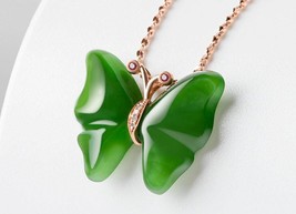 Natural Spinach Green Hetian Jade Rose Gold 18K Inlay Nature Ruby Butterfly Pend - £247.98 GBP