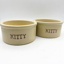 Set Of 2 Vintage Robinson Ransbottom Roseville Kitty 5&quot; Feeder Yellowware Crock - £37.36 GBP