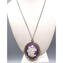 Vintage Purple Fairy Pendant Necklace, Floral Nature Pixie Oval in Silver Tone - £20.06 GBP