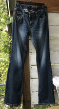 Ariya Jeans Women Sz. 11/12 Blue Denim Low Rise Flap Pocket Embroidered Distress - £23.05 GBP