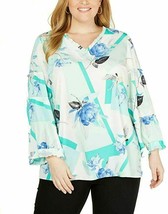 Alfani Women&#39;s Plus Size Fresh Petal Printed Ruffled Blouse Turquoise Floral 2X - £15.23 GBP