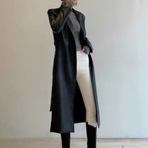 GALCAUR Black Casual PU Leather Trench Coat For Women Lapel Collar Long Sleeve S - £185.28 GBP