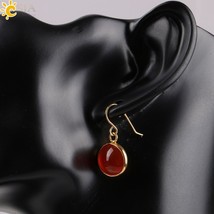 CSJA Vintage Round Gem Stone Bead Pendant Gold Color Copper Hook Drop Earring Wo - £6.66 GBP