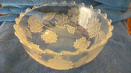 VINTAGE CRYSTAL GLASS BOWL, FLOWERS AND LEAVES WITH SCALLOPED EDGES - $200.00