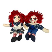 Vtg Raggedy Ann Andy Cloth Dolls 15” Pair Red Yarn Hair Striped Blue Outfits SEE - $28.04