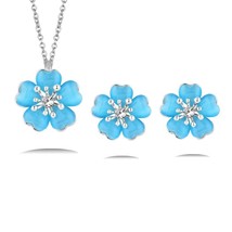 SINLEERY Charm Opal Stone Plum Flower Necklace Earrings Jewelry Sets For Women W - £11.21 GBP