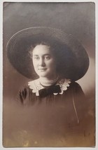 RPPC Young Edwardian Woman Large Straw Hat Pearl Necklace Portrait Postc... - $9.95