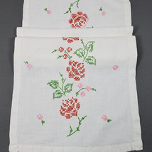 Vintage Hand Crafted Cross Stitch Table Runner 13x36 Inch Red Pink Rose - $8.60