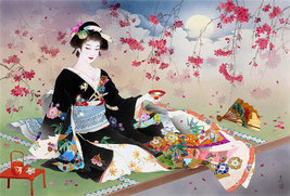 Geisha tea garden cherry blossom Japan ceramic tile mural backsplash medallion - £46.69 GBP+