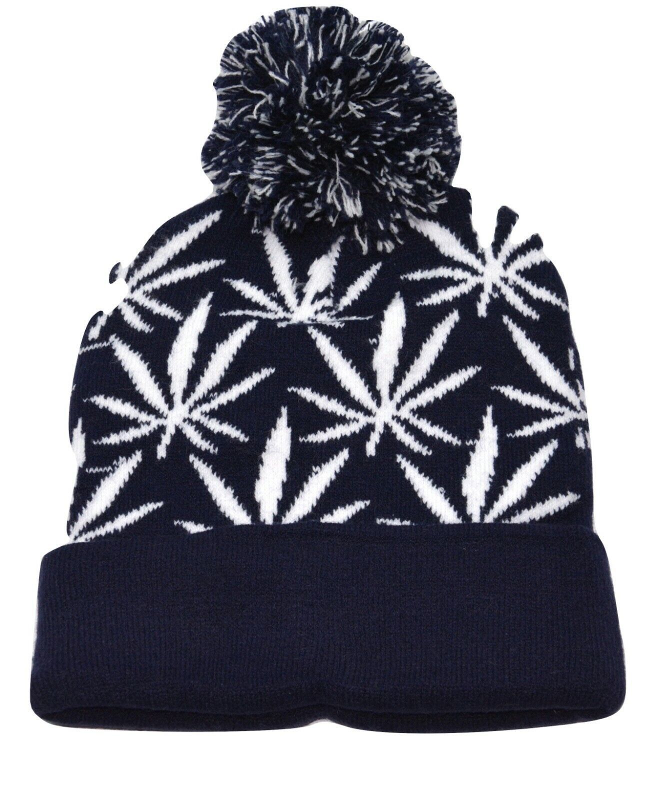 Weed 420 Knit Pom Pom Winter Beanie Blue & White Hat One Size Fits Most
