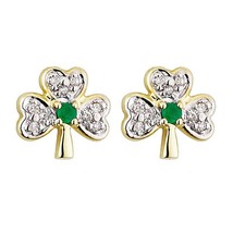 0.30Ct Round Cut CZ &amp; Emerald Shamrock Stud Earrings 14K Yellow Gold Plated - £92.42 GBP