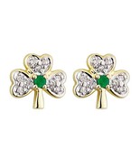 0.30Ct Round Cut CZ &amp; Emerald Shamrock Stud Earrings 14K Yellow Gold Plated - £92.88 GBP