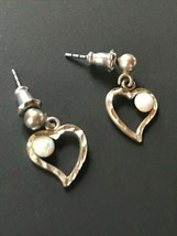 Vintage 925 Marked Sterling Silver Open Heart w Round Pearl Dangle Post Earrings - £14.51 GBP