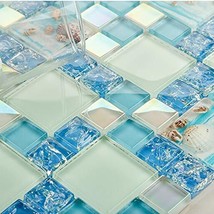 Glossy Glass Tile Crack Blue Iridescent White Mosaic Beachy Backsplash Set of 5 - £69.57 GBP