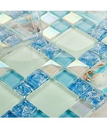 Glossy Glass Tile Crack Blue Iridescent White Mosaic Beachy Backsplash S... - £69.45 GBP