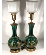 Emerald Green Glass Hand Painted Gold Accent Brass Lamps Pair - £621.36 GBP