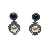 Vintage Sign Sterling Silver Art Deco Round Black Onyx Dangle Drop Post Earrings - £67.26 GBP