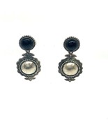 Vintage Sign Sterling Silver Art Deco Round Black Onyx Dangle Drop Post ... - £65.90 GBP