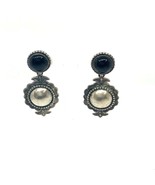 Vintage Sign Sterling Silver Art Deco Round Black Onyx Dangle Drop Post ... - $84.15