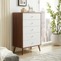 Modway Transmit Mid-Century Modern 5-Drawer Wood Chest In Walnut White - £371.32 GBP