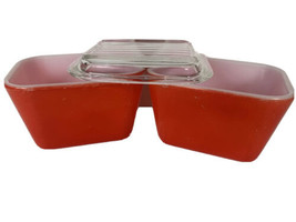 Pyrex 501B 501C two 1.5 cup glass containers with 1 lid red USA  vtg organize - £23.73 GBP