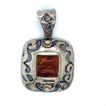 Vintage Sterling Southwest Signed 925 Silpada Square Chunky Amber Stone Pendant - £51.43 GBP