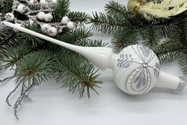 White Christmas glass tree topper with silver glitter, XMAS finial - $26.63