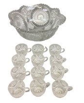 Vintage Decorative Glass Cut Glass Fruit Punch Bowl And 12 Cups Set - £26.78 GBP